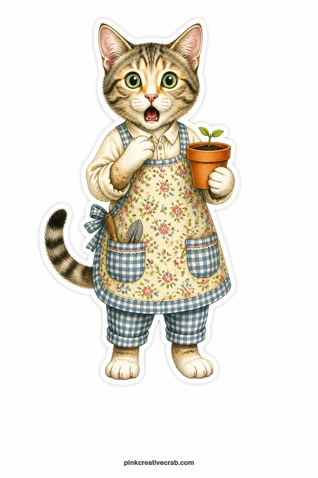The First Little Sprout printable page — Staring down at a flowerpot in pure shock, a cat in a gardener's smock cannot quite believe the single tiny sprout has