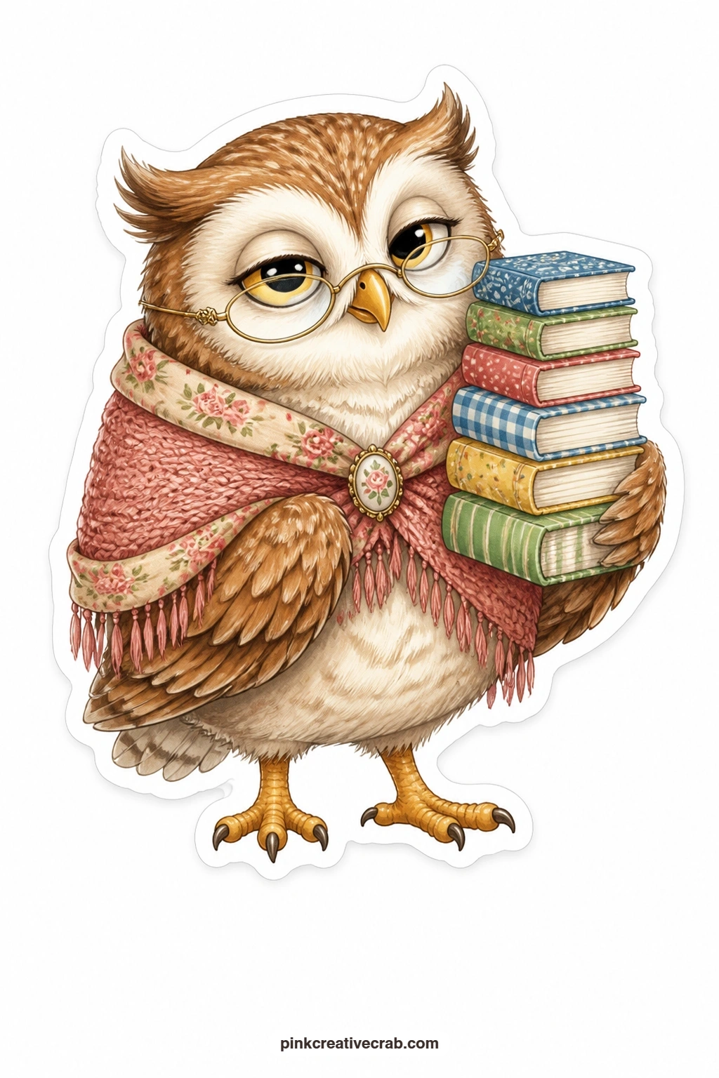 The Wise Little Librarian printable page — Carrying a stack of books nearly taller than she is, a little owl in a knitted shawl looks wise and faintly smug, as