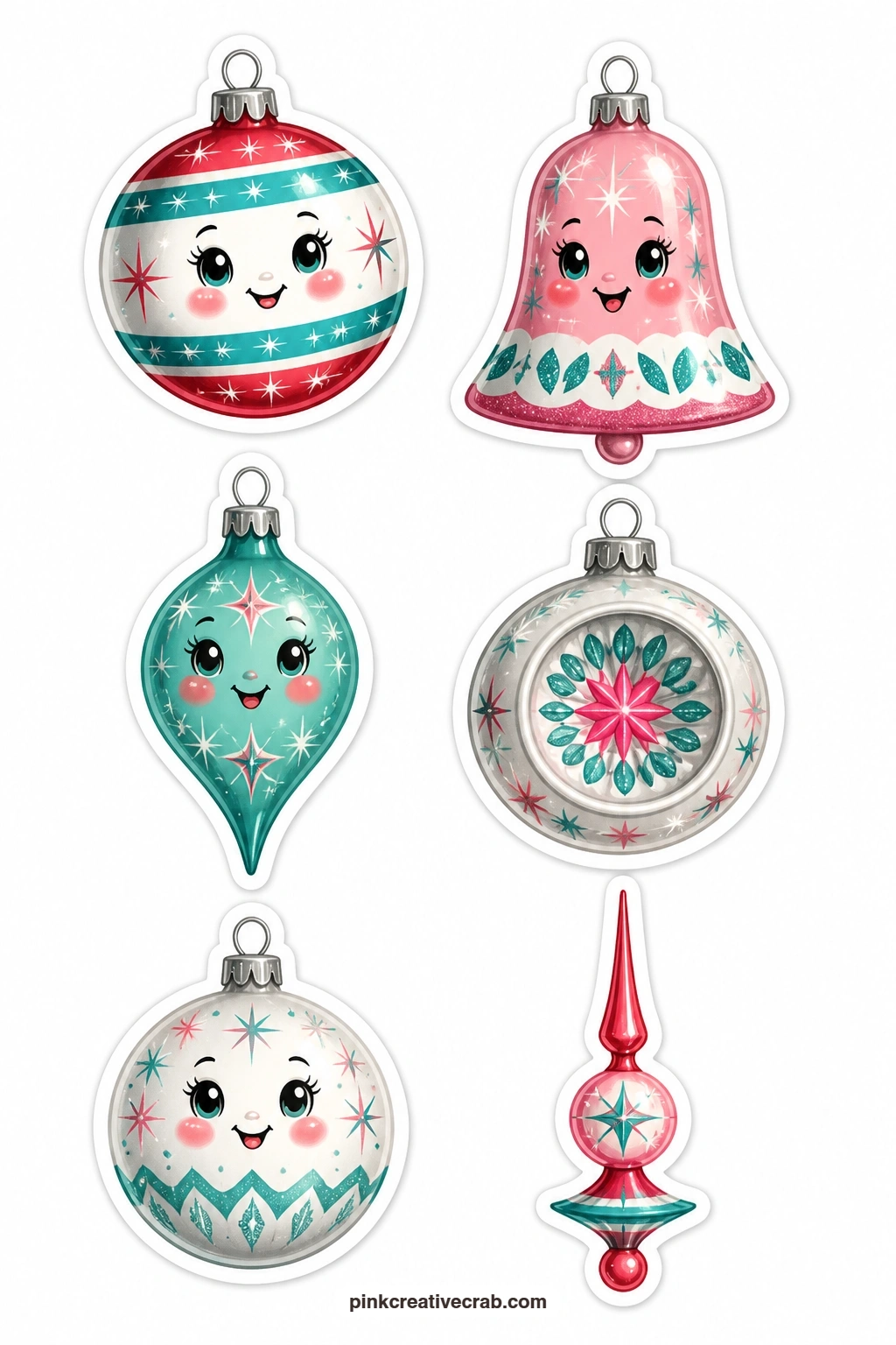 Shiny Brite Ornaments printable page — Start the set where mid-century Christmas always starts: on the tree. Kitsch christmas stickers