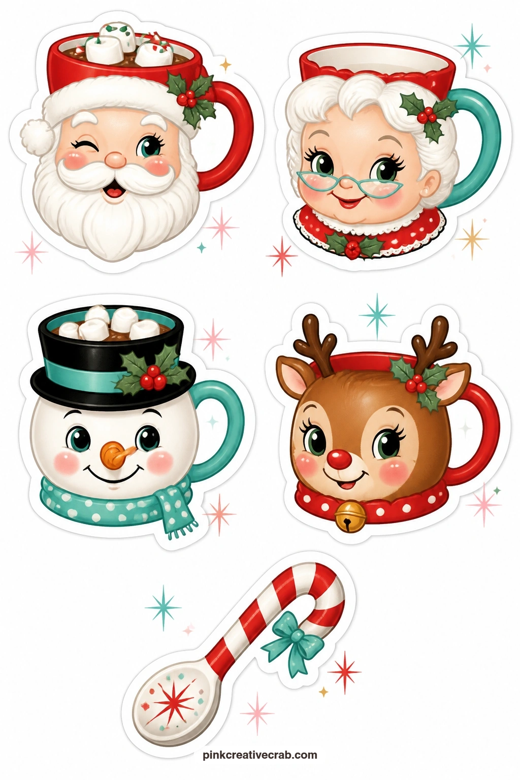 Santa Mug Stickers printable page — Mugs make a warm, cozy sub-theme that sits nicely next to the ornaments above. Kitsch christmas stickers