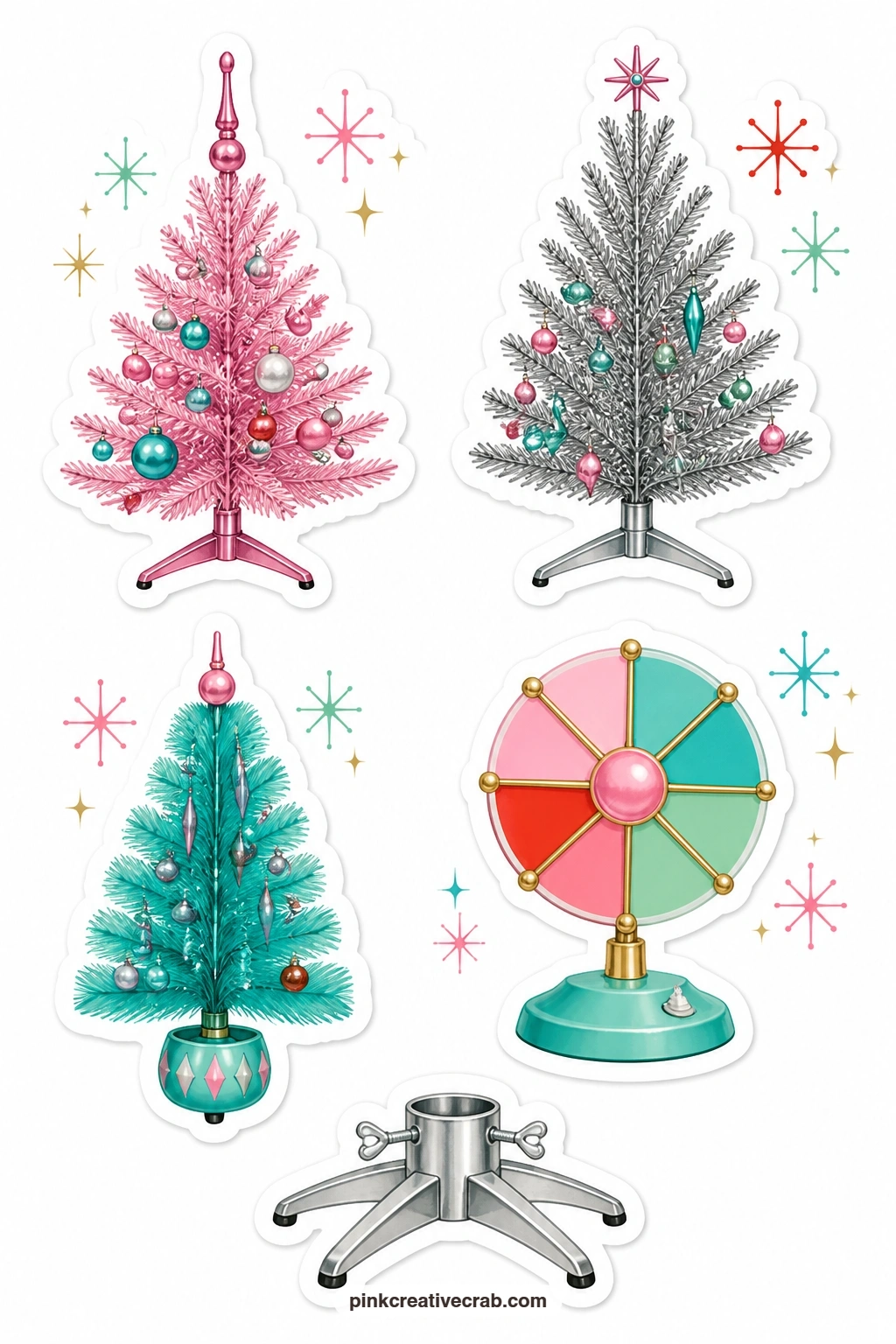 Aluminum Tree Stickers printable page — Aluminum trees are the single most mid-century image in the whole holiday, and this sheet gives five variations: a pink