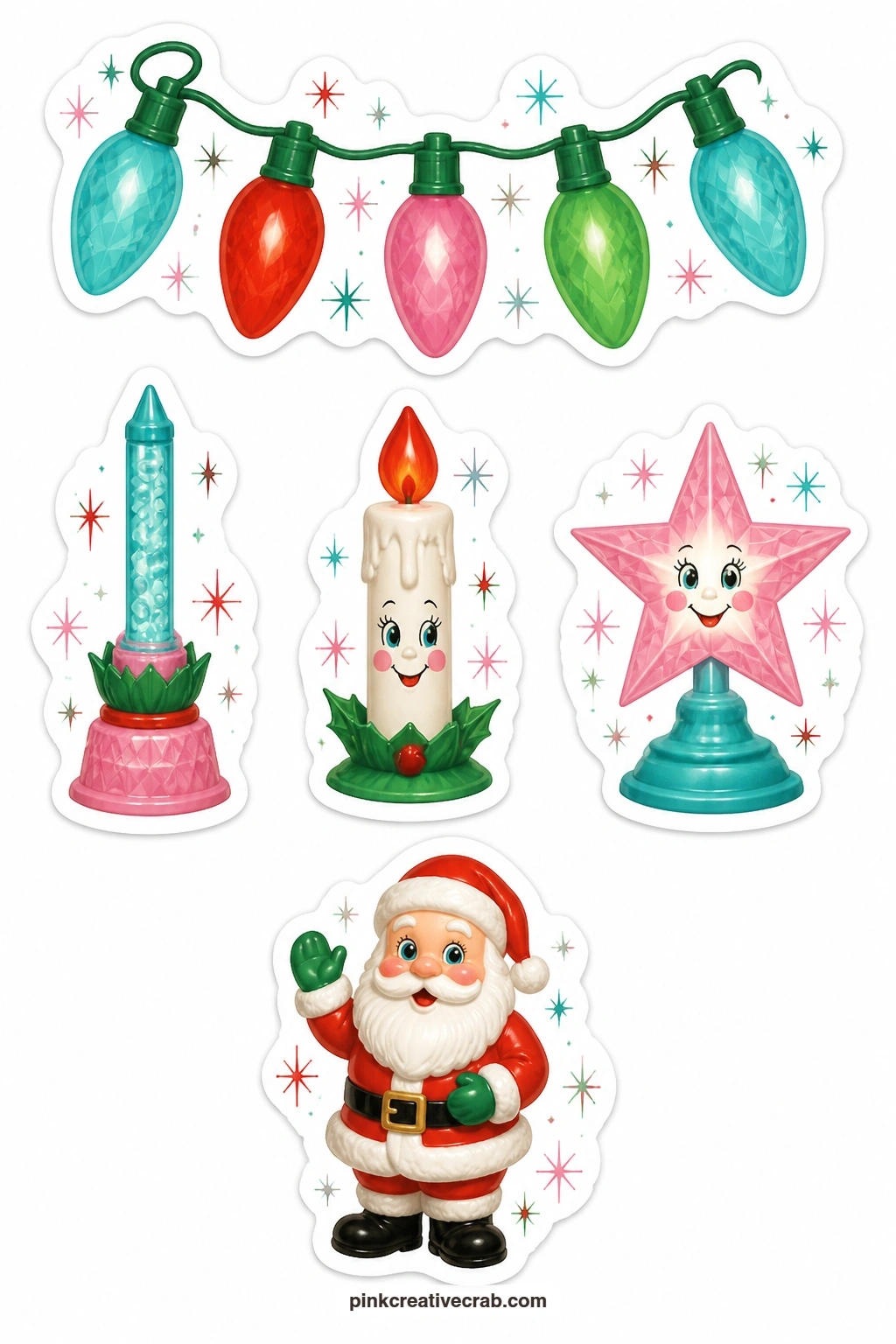 Vintage Light Stickers printable page — A string of C9 bulbs, a bubble light, a blow-mold candle, a lit plastic star and a blow-mold Santa round out the
