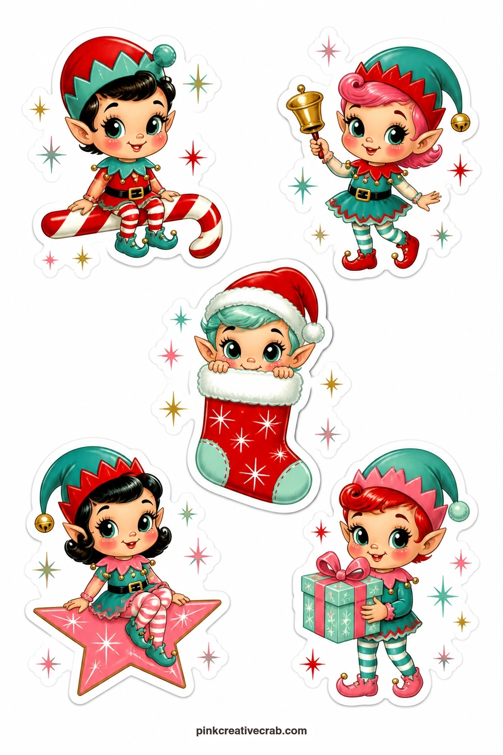 Big-Eyed Pixie Stickers printable page — This sheet leans fully into the kitsch side of the set with an elf on a candy cane, a pixie with a bell, a pixie in a