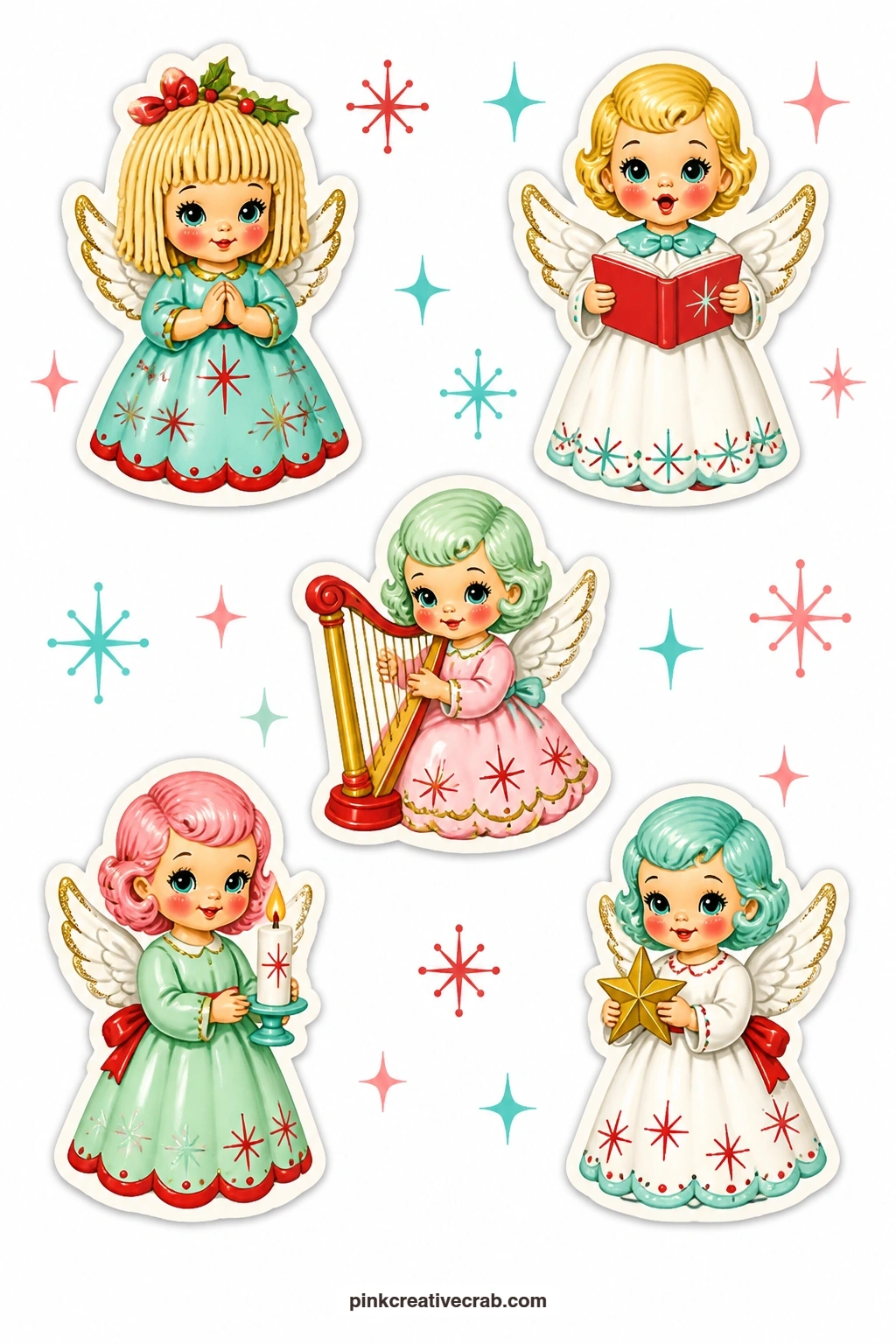 Angel Figurine Stickers printable page — Angel figurines close out this section with a spaghetti-haired angel, a choir angel, a harp angel, a candle angel and
