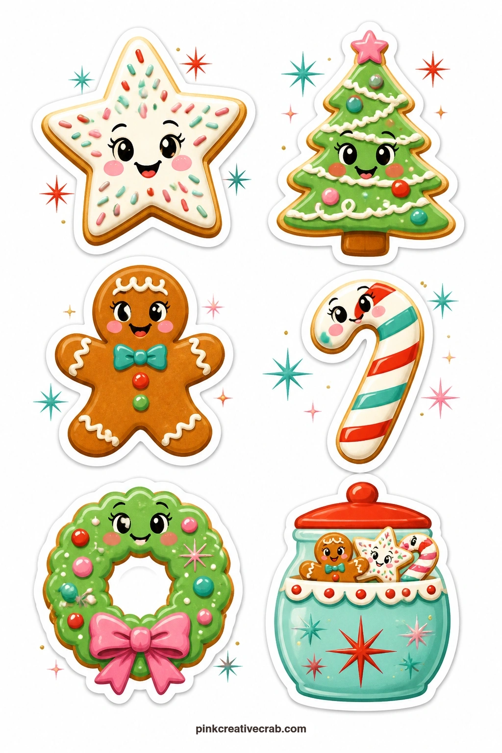 Christmas Cookie Stickers printable page — Food stickers round out a journal spread fast, and this sheet brings six: a sprinkle star cookie, a frosted tree