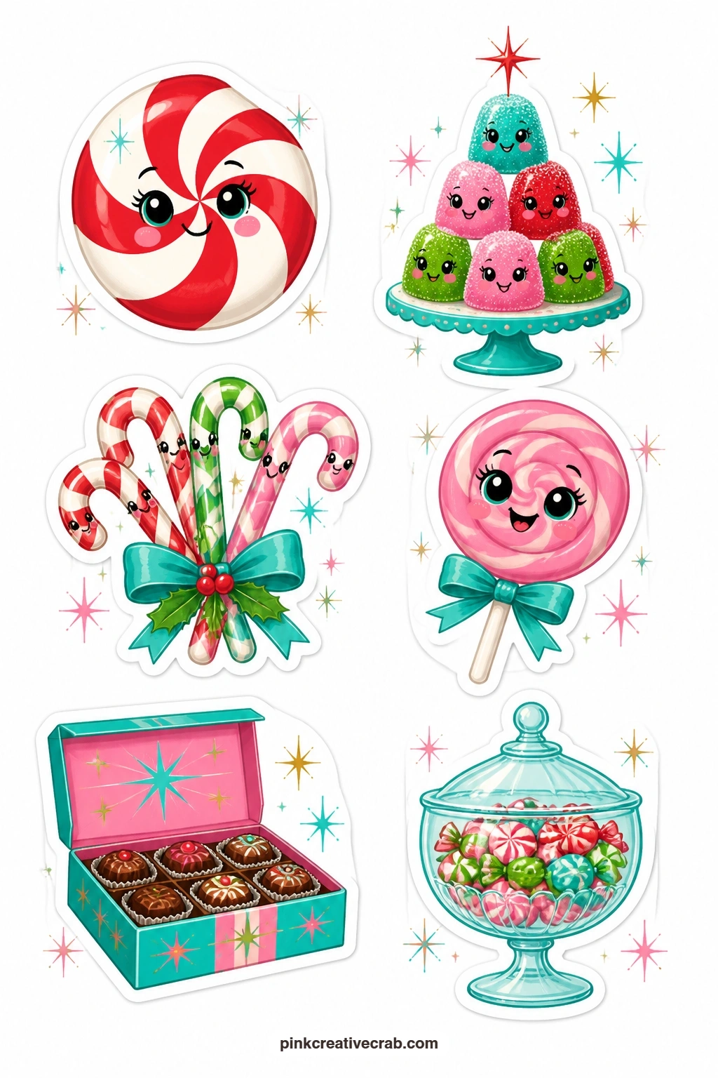 Retro Candy Stickers printable page — Pair this with the cookie sheet above for a full dessert table on one page. Kitsch christmas stickers