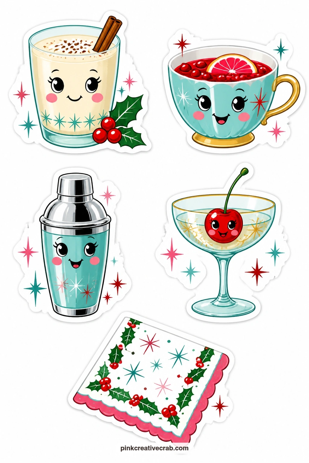 Holiday Cocktail Stickers printable page — An eggnog glass, a punch cup, a cocktail shaker, a cherry in a coupe and a holly cocktail napkin bring the grown-up