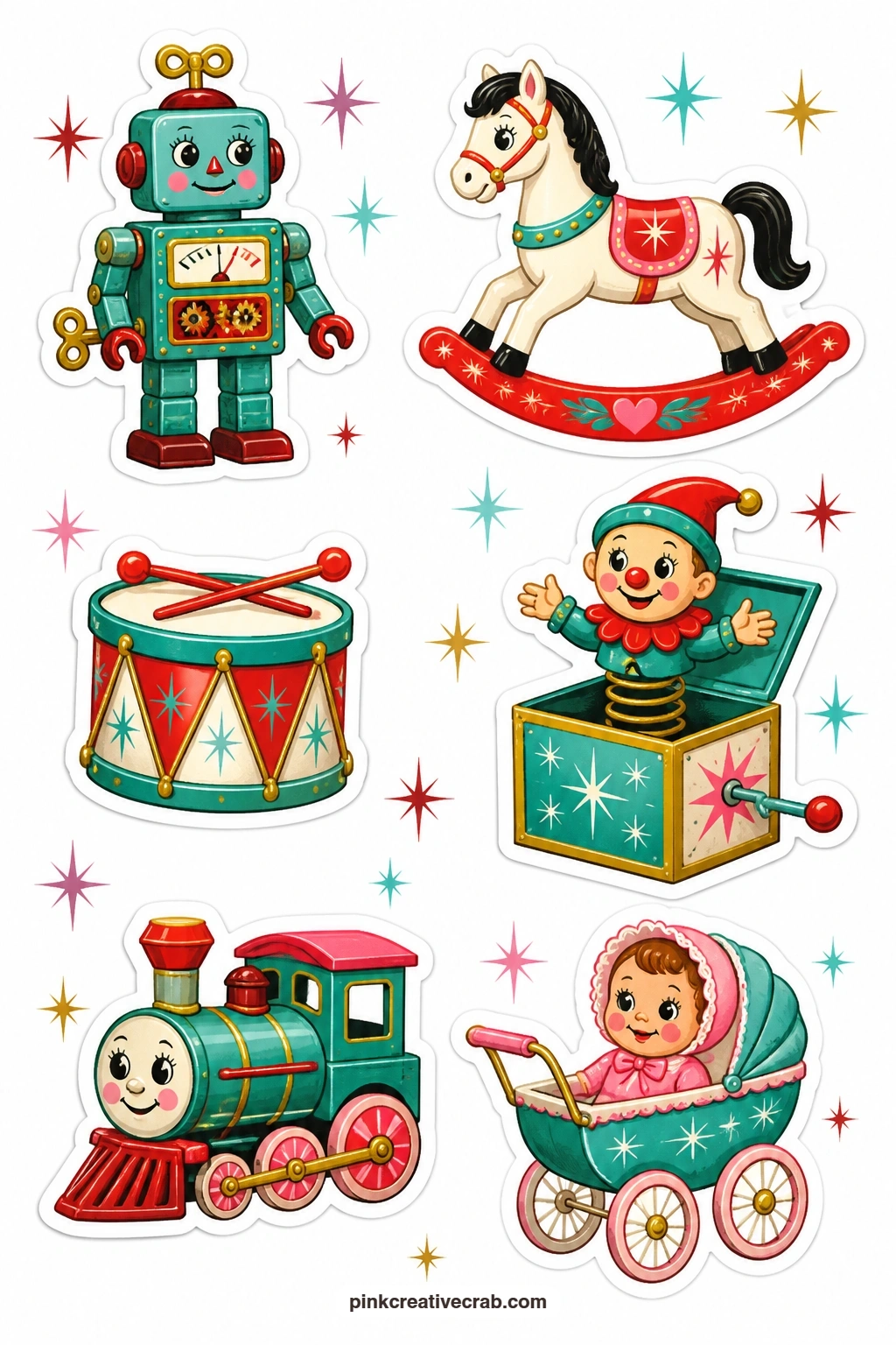 Toy Shop Stickers printable page — This sheet is built for the gift pile at the bottom of a card or journal page: a tin wind-up robot, a rocking horse, a toy