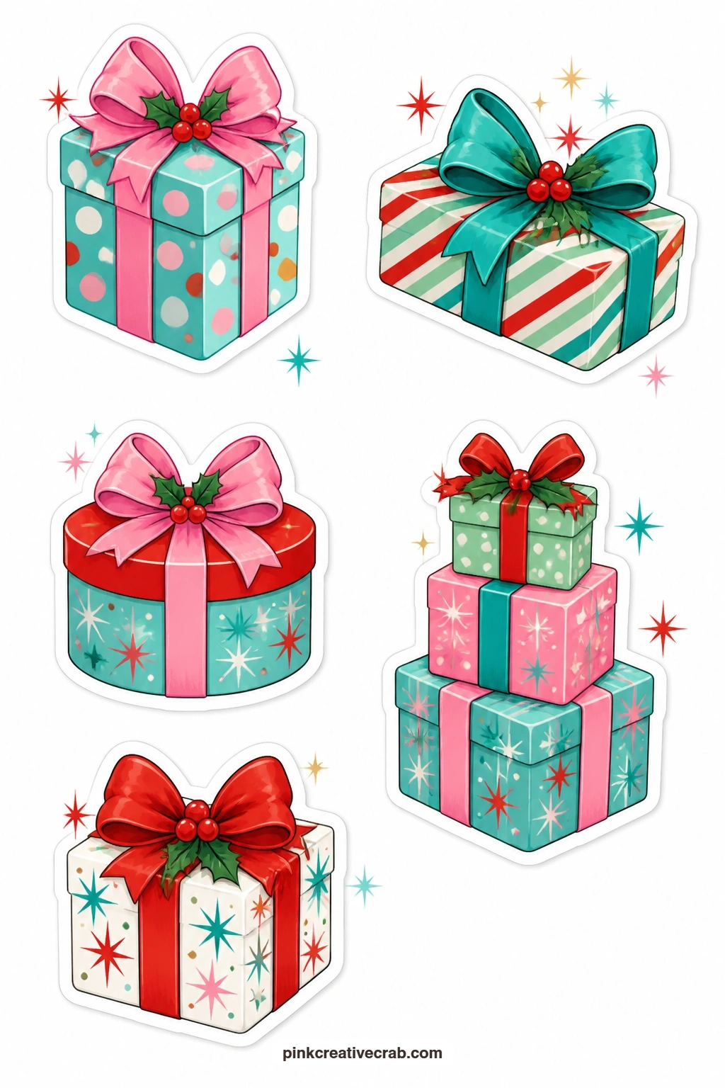Wrapped Gift Stickers printable page — A polka-dot gift box, a striped package, a hat box, a tiny gift tower and a gift with a big red bow give five wrapped
