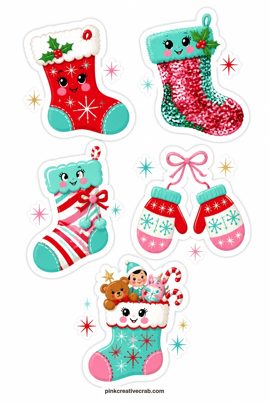 Stocking Stickers printable page — Round out the gift corner with a red felt stocking, a sequin stocking, a candy-stripe stocking, a mitten pair and a