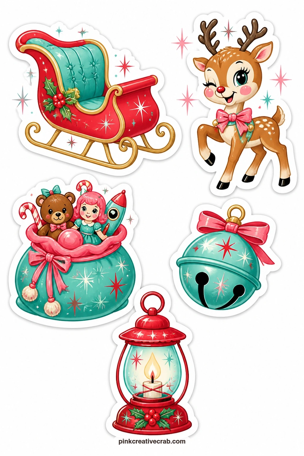 Sleigh Ride Stickers printable page — A red sleigh, a winking reindeer, a sack of toys, a sleigh bell and a lantern bring motion to a page that otherwise holds