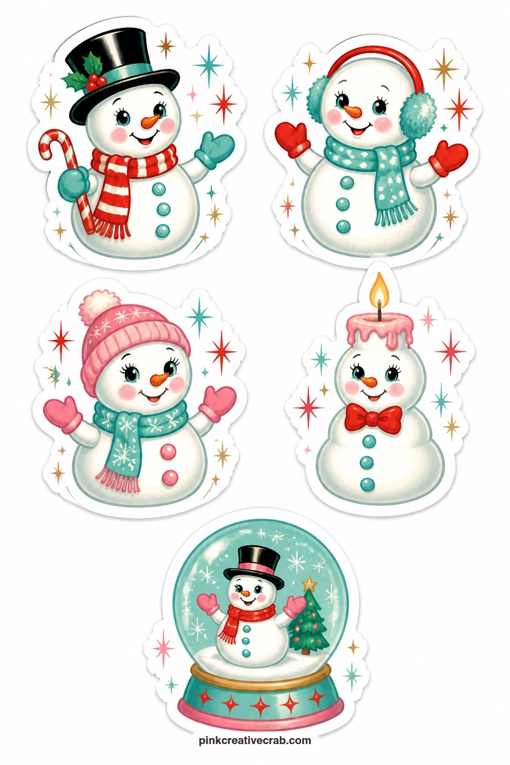 Snow Friend Stickers printable page — Snow people get their own cheerful sheet here: a snowman in a top hat, a snowman with earmuffs, a snow lady with a hat, a