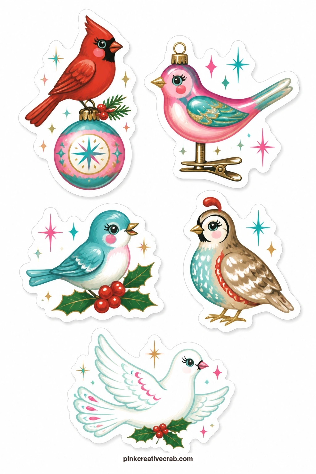 Christmas Bird Stickers printable page — A cardinal on a bauble, a glass bird clip ornament, a bluebird with holly, a partridge and a white dove give the set a