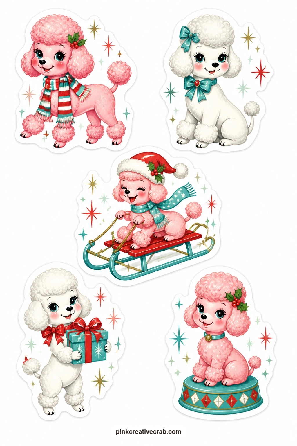 Christmas Poodle Stickers printable page — This sheet is pure 1950s charm: a pink poodle in a scarf, a white poodle with a bow, a poodle on a sled, a poodle
