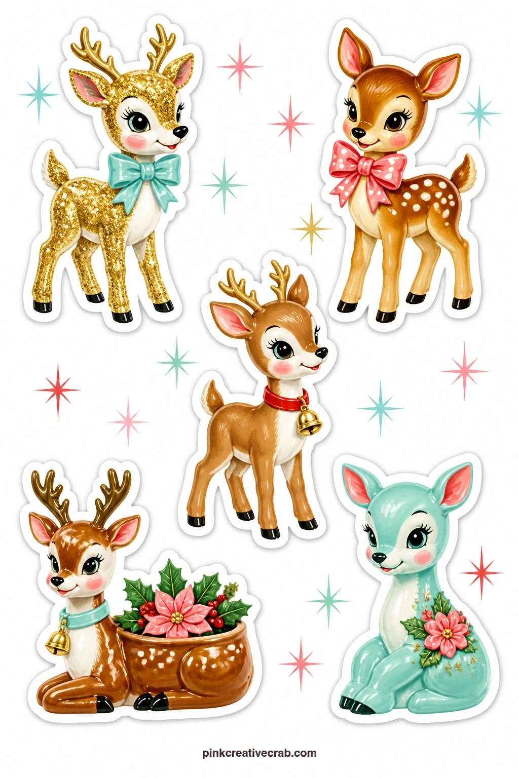 Deer Figurine Stickers printable page — A glitter deer, a fawn with a bow, a deer with a bell collar, a reindeer planter and a ceramic doe sit well beside the