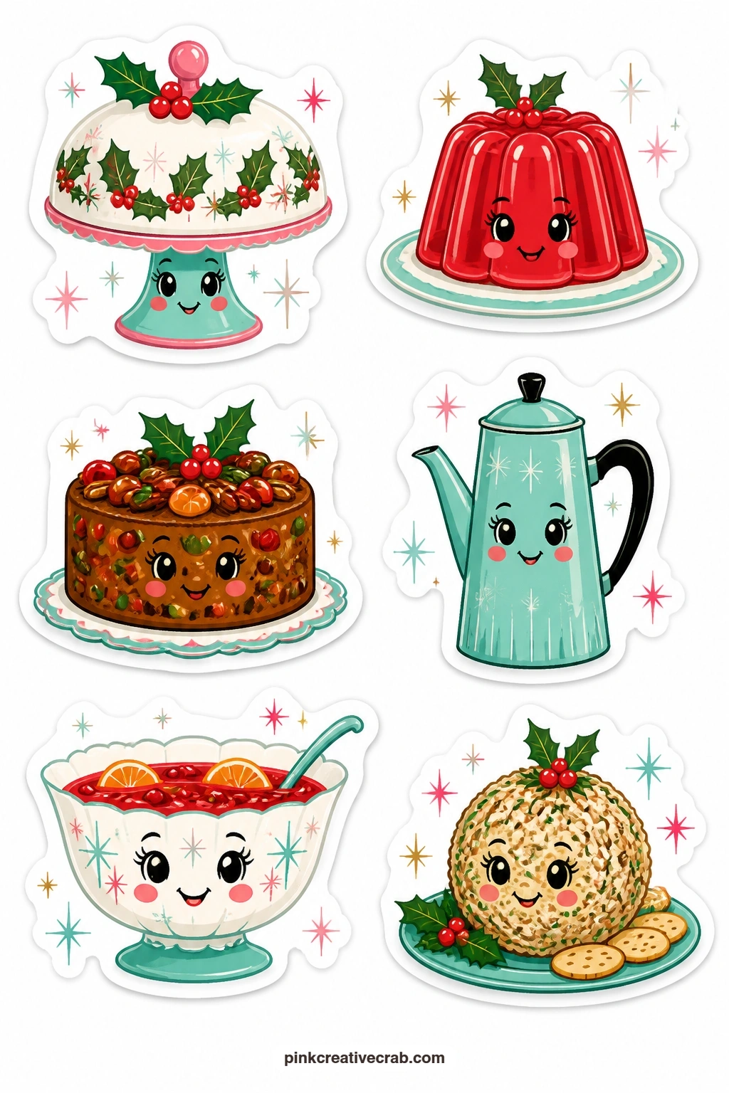Kitchen Christmas Stickers printable page — A holly cake stand, a Jell-O mold, a fruitcake, a percolator, a punch bowl and a cheese ball bring the full kitchen