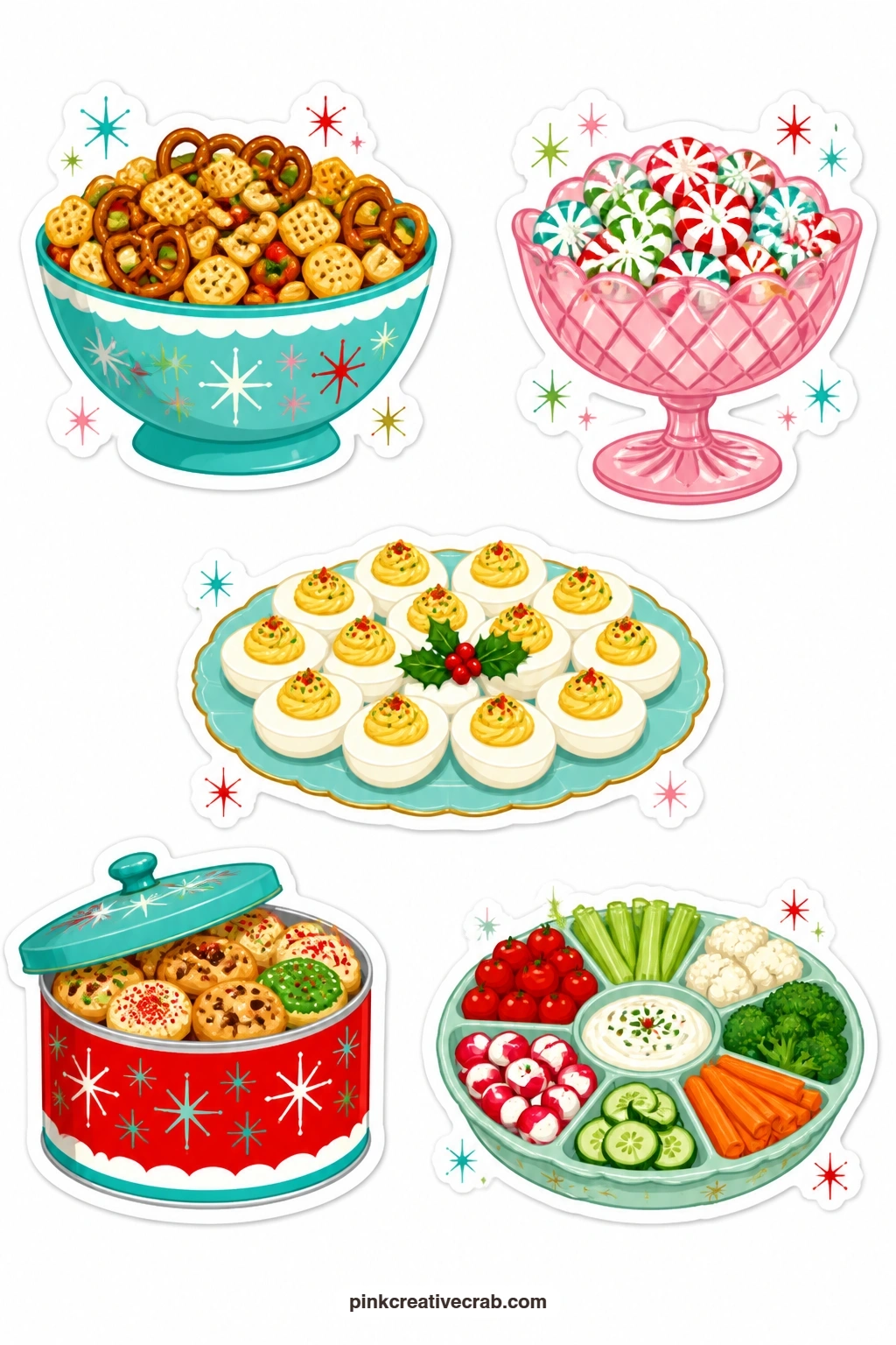 Snack Table Stickers printable page — A party mix bowl, a candy dish with mints, a deviled egg plate, a cookie tin and a relish tray finish the food side of