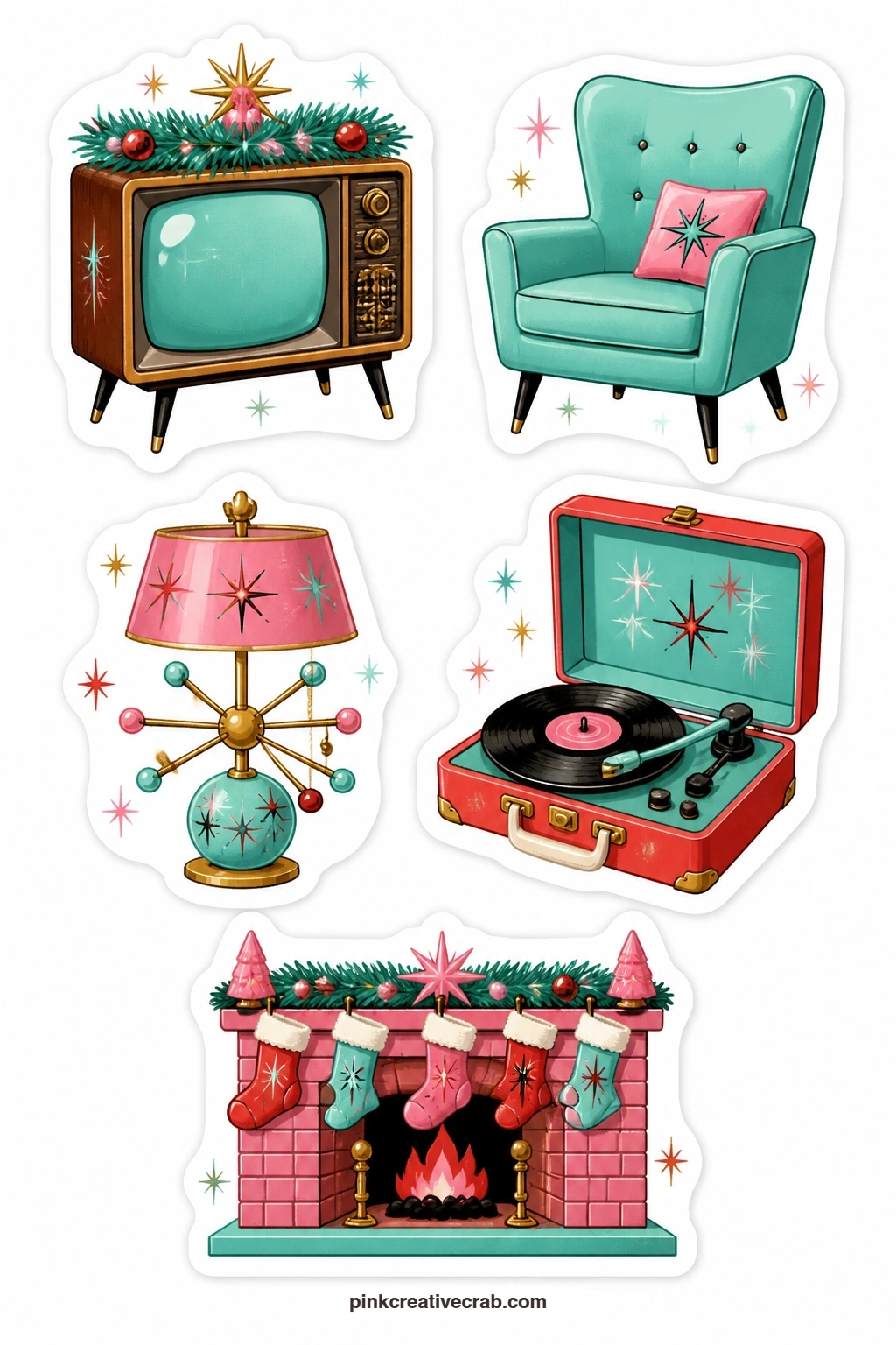 Fifties Living Room Stickers printable page — Step back from the food and ornaments for a sheet of the room itself: a boxy TV set with a tinsel garland, an