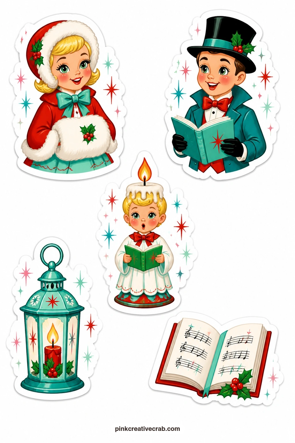 Caroler Stickers printable page — A caroler lady in a muff, a caroler man in a top hat, a choir boy candle, a lantern and a hymn book bring a few human figures