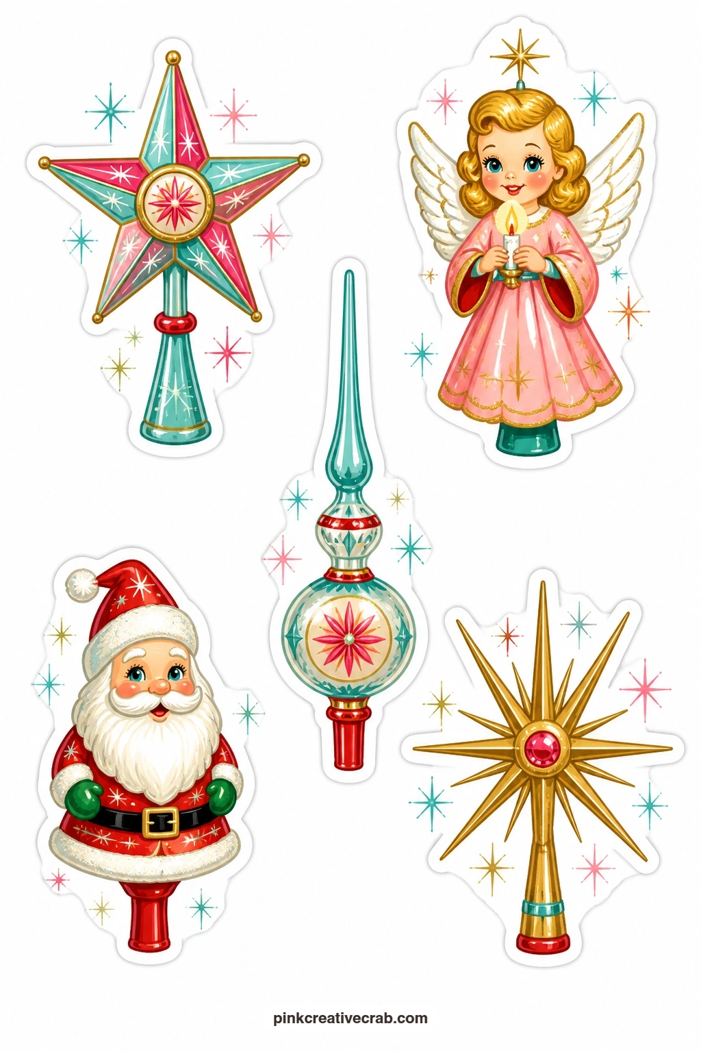 Tree Topper Stickers printable page — Close the ornament side of the set with a spun-glass star, a lit angel topper, a glass spire finial, a Santa topper and a