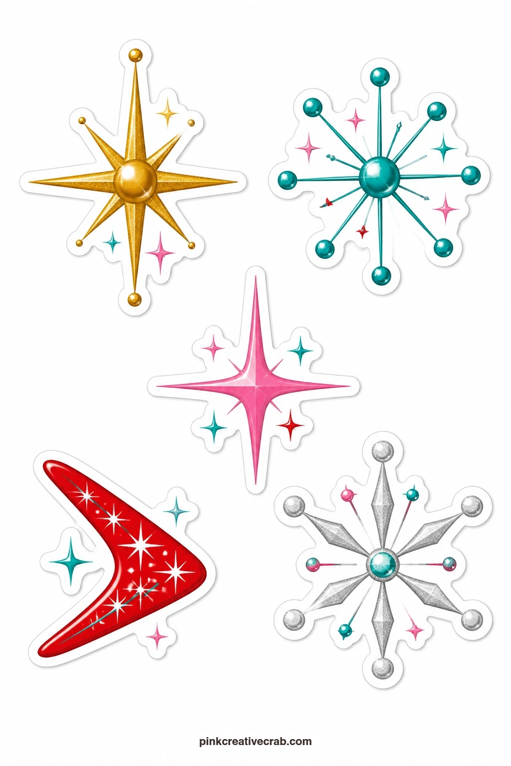 Atomic Sparkle Stickers printable page — Every kitsch sheet needs sparkle to scatter between the main pieces, and this one gives five: a gold starburst, a teal
