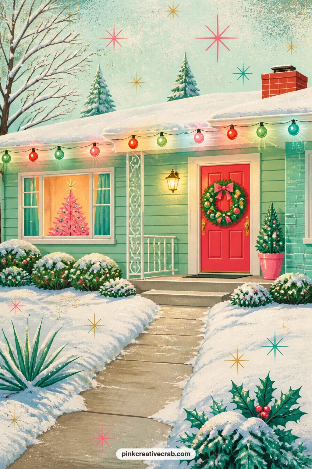Ranch House Porch With Bulb Lights printable page — Big colored bulbs trace the roofline of a low ranch house while a wreath hangs on the door and snow banks