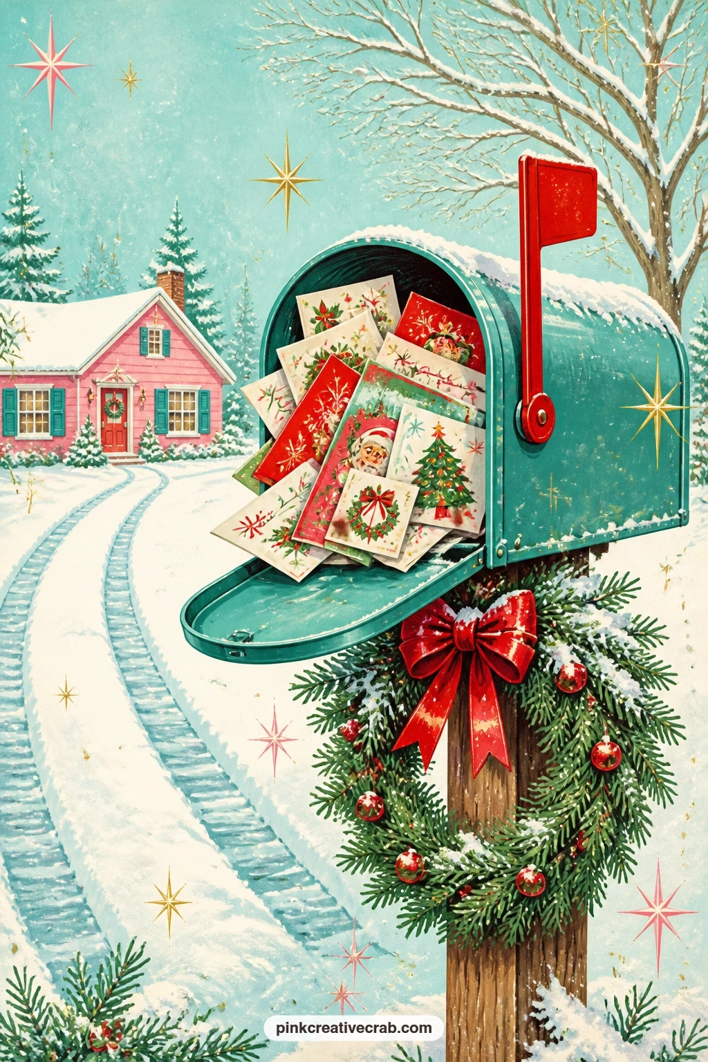 Mailbox Stuffed With Christmas Cards printable page — Write the names of the people this year's cards came from along the edge of the snow bank, or leave a