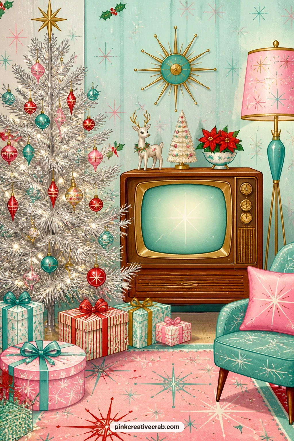 Console Television Living Room printable page — The five minute version of this page: glue it in exactly as printed, no extras, and let the silver tree and