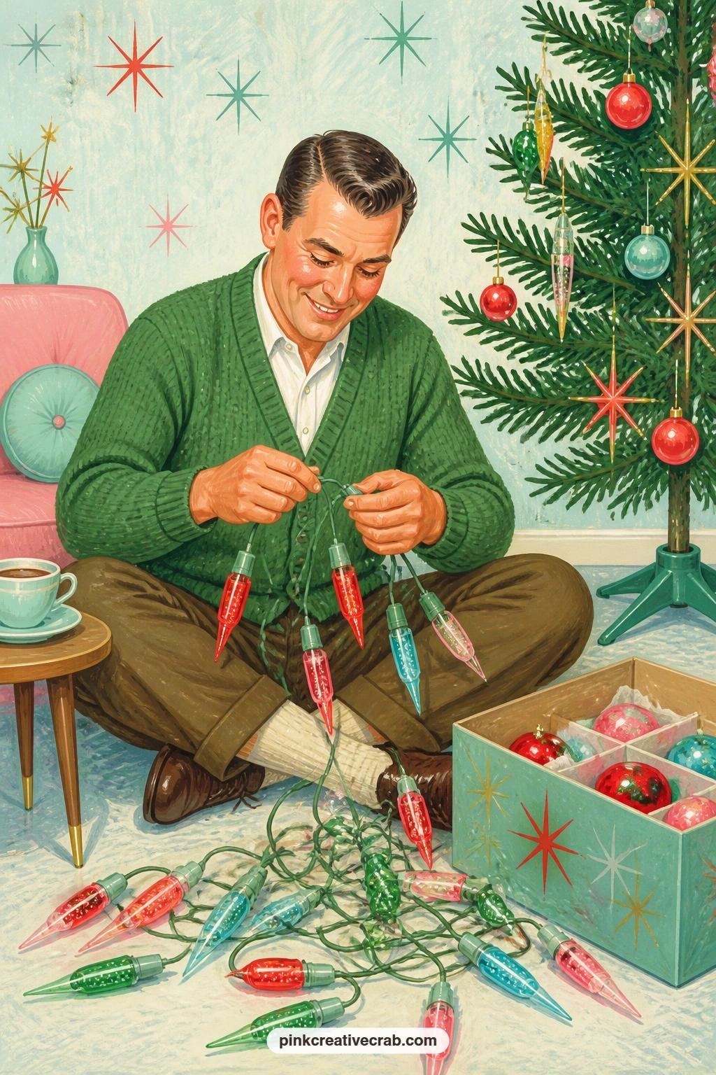 Dad Untangling Bubble Lights printable page — A dad in a cardigan sits cross-legged on the floor working loose a tangled string of bubble lights, with the tree