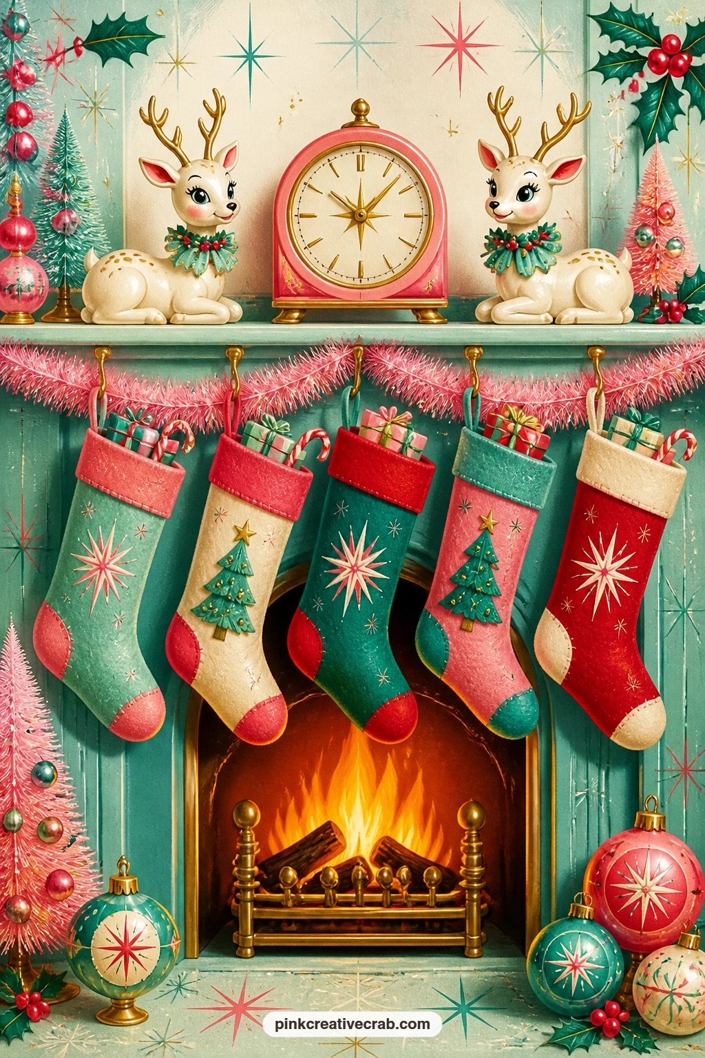Mantel With Stockings And Ceramic Deer printable page — This mantel scene pairs neatly with the ceramic deer and toile background paper later in the set: use