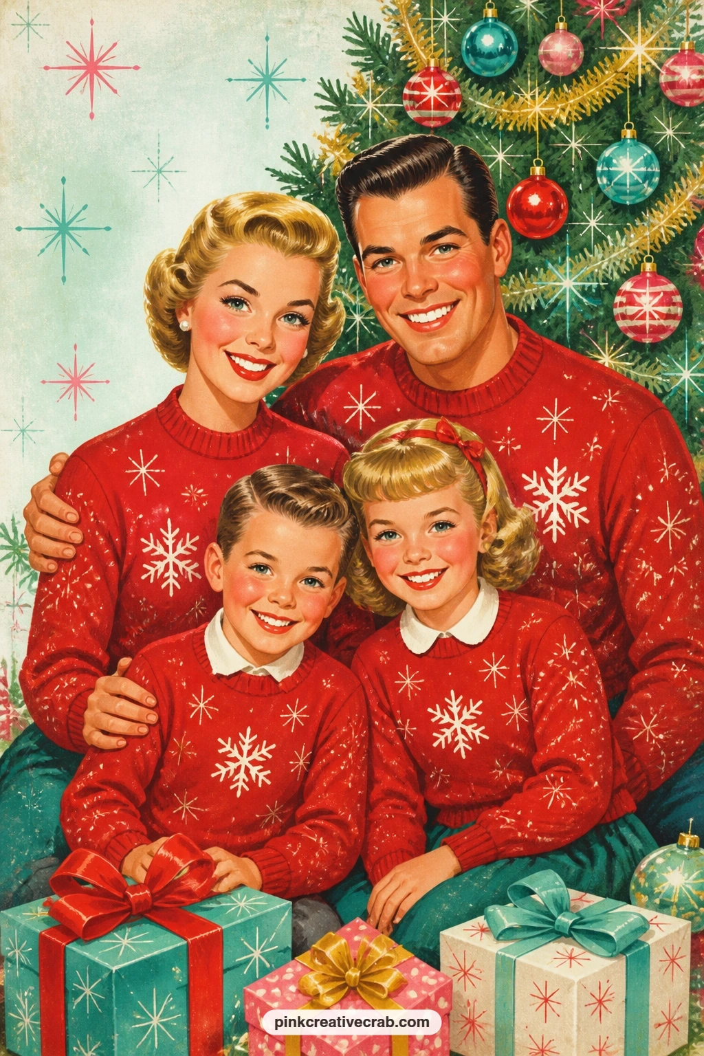 Family In Matching Red Sweaters printable page — Place this family portrait page as the opening spread of the whole journal, since it reads like the cover