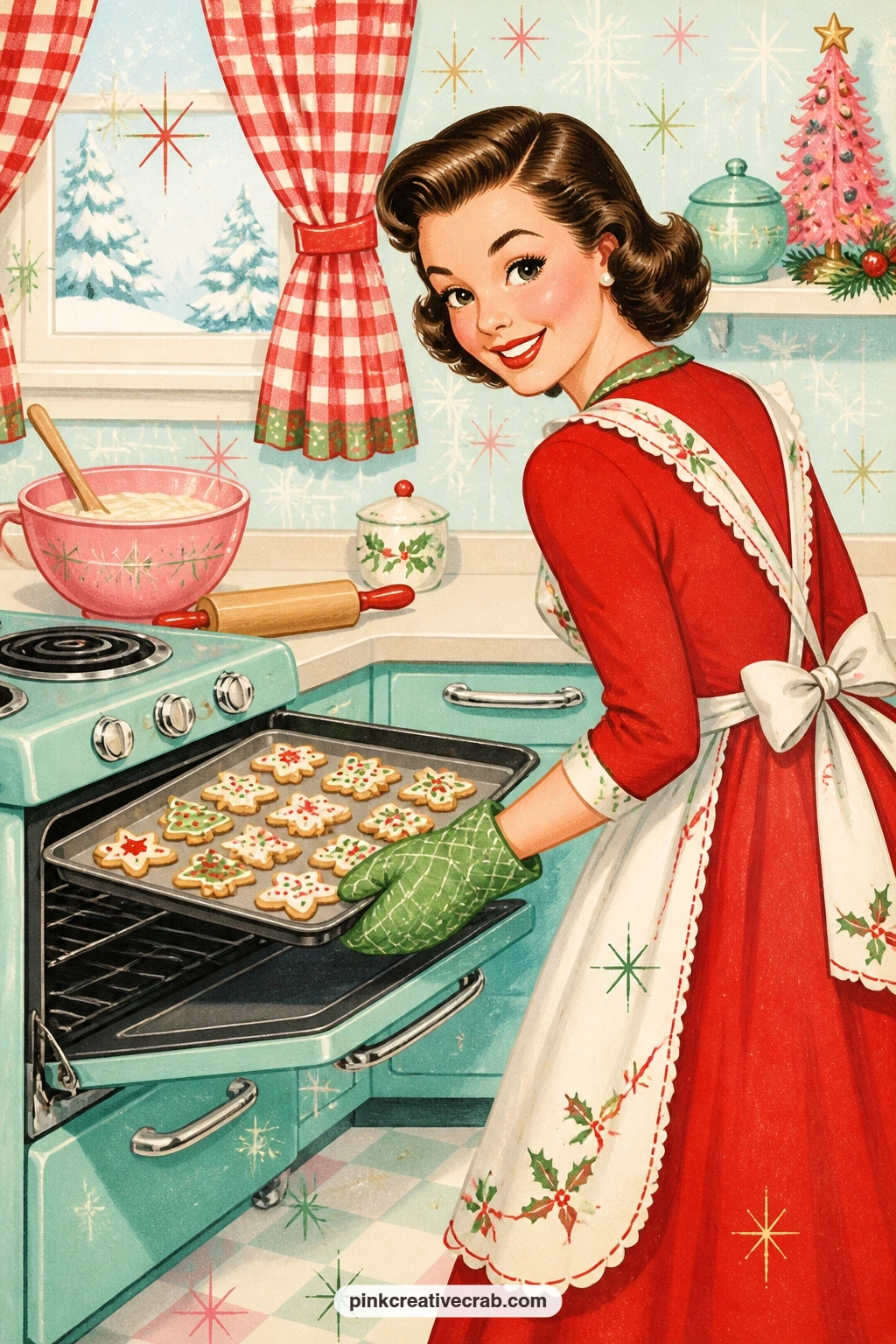 Mother Pulling Cookies From Pastel Oven printable page — Try tea-staining just the bottom edge of this page before gluing it in, as a cookie sheet corner, so