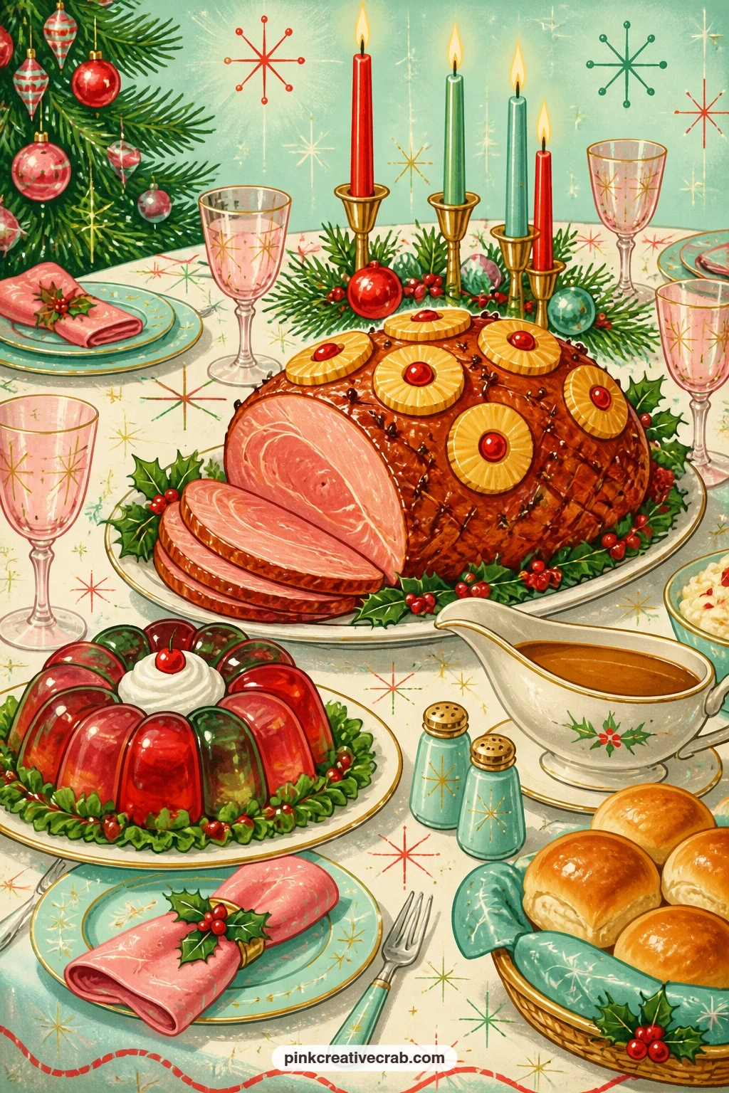 Holiday Dinner Table With Glazed Ham printable page — The usual mistake with a dinner table page is cramming every dish onto one small tray; give the glazed