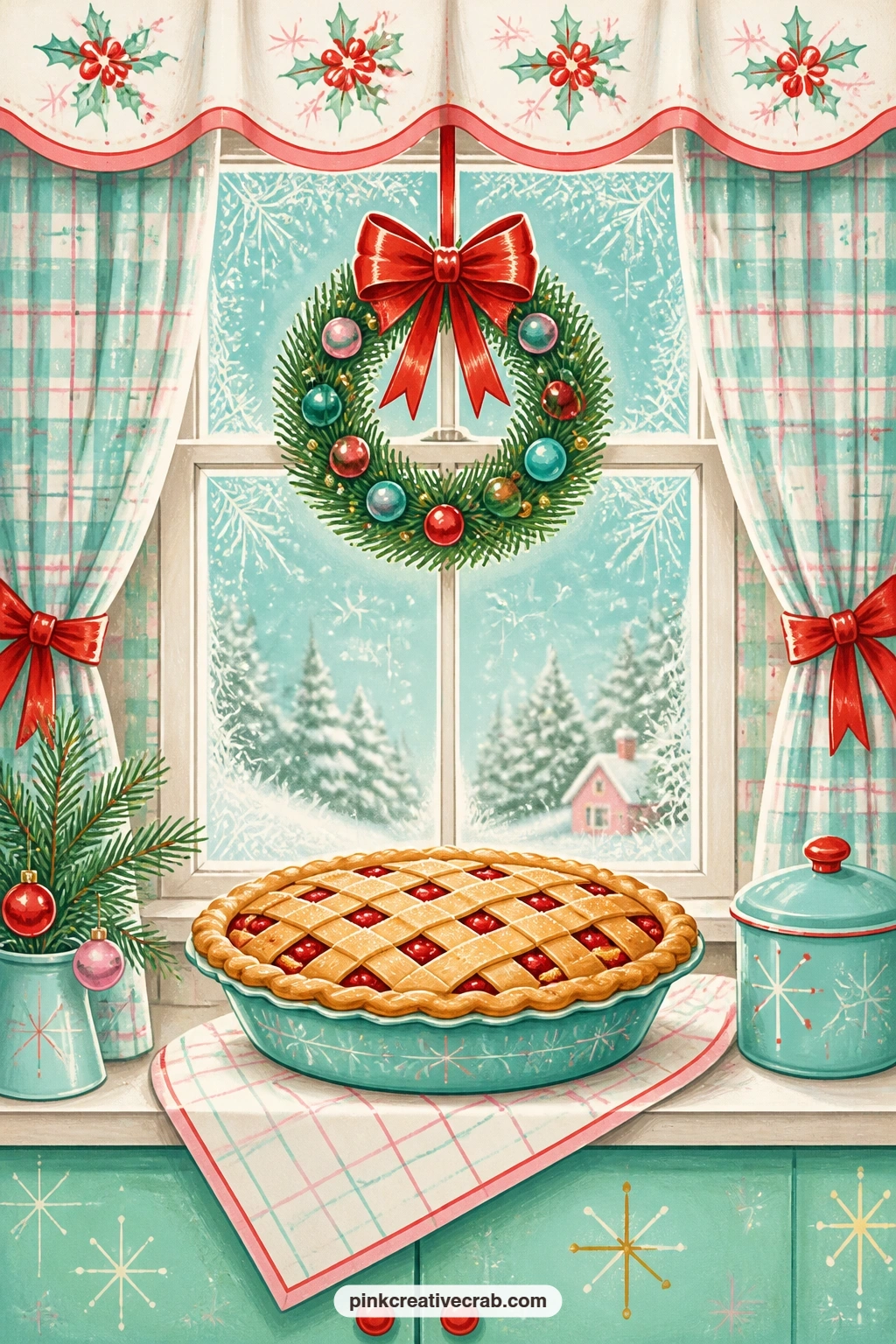 Kitchen Window With Wreath And Pie printable page — A small wreath hangs against frosted panes while a pie cools on the windowsill outside in the cold, giving