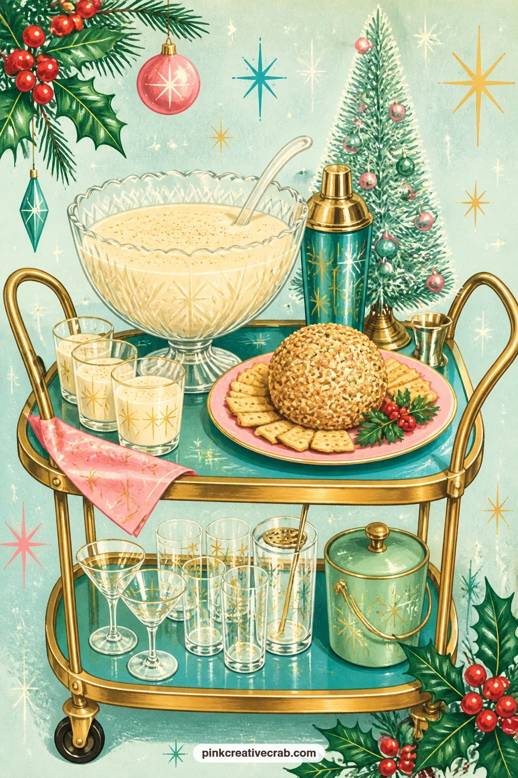 Cocktail Cart With Eggnog And Cheese Ball printable page — Good for a grown-up gift journal passed between old friends, this page can hold a favorite eggnog