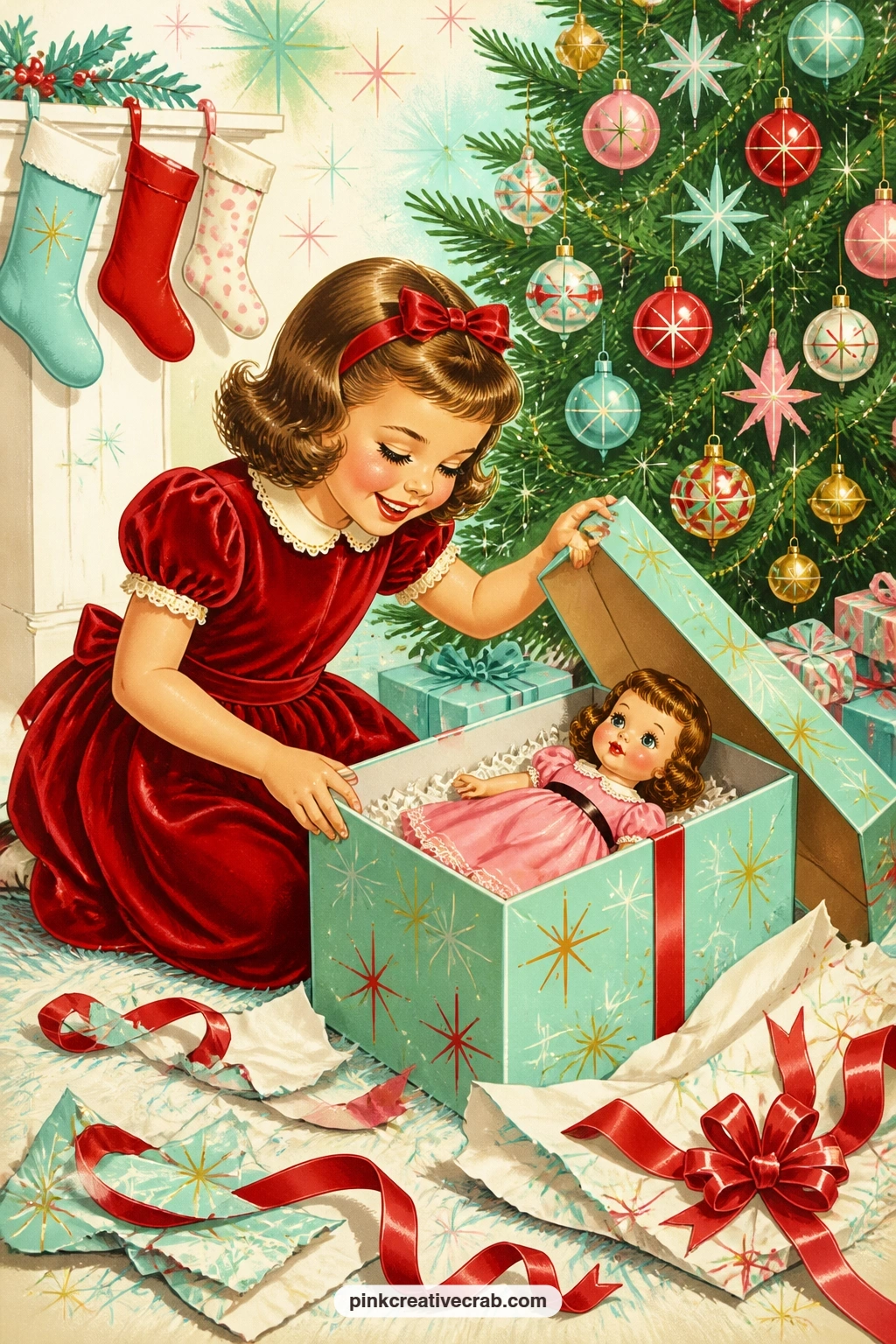 Girl Opening Doll Box Under Tree printable page — Place this page beside the boy on the tricycle for a two-page spread of Christmas morning, the pair opening