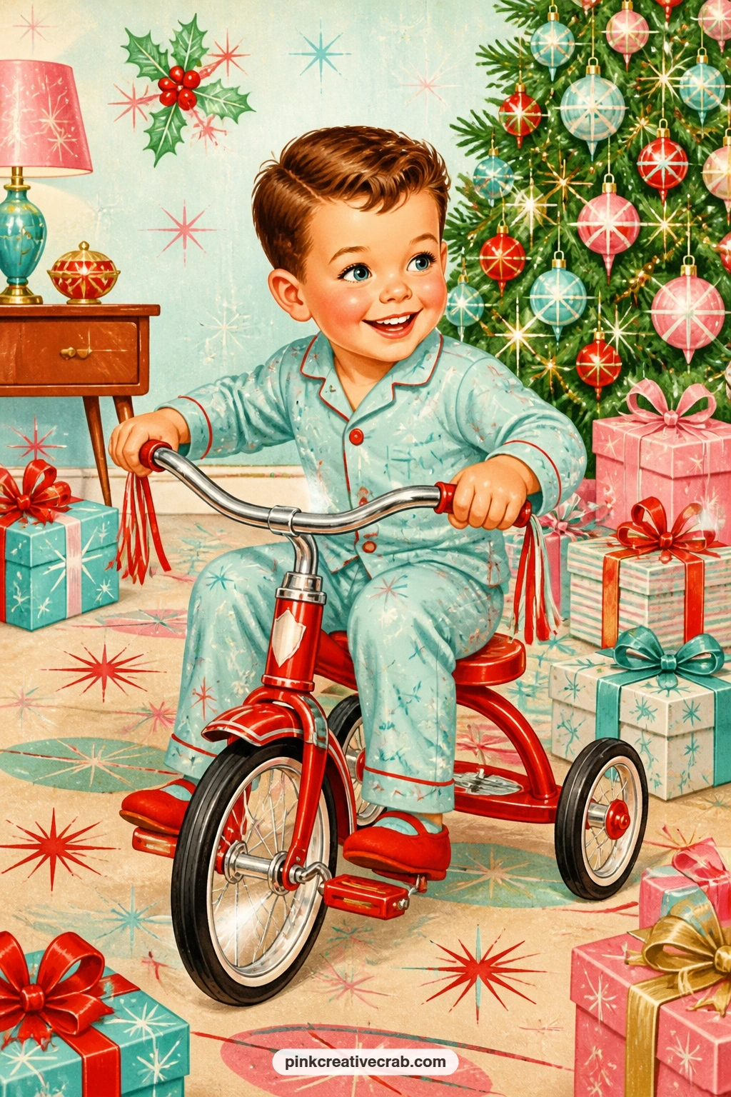 Boy Riding New Red Tricycle printable page — A boy in pajamas pedals a brand new red tricycle straight across the living room rug, weaving between gift boxes