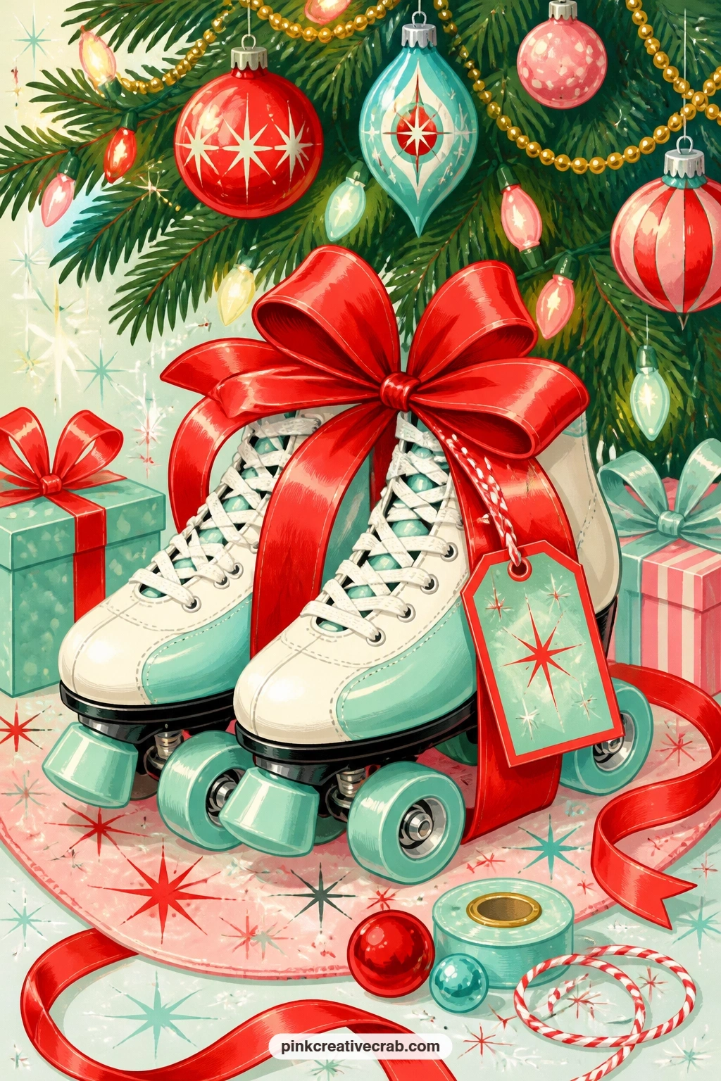 Roller Skates Wrapped Under The Tree printable page — The five minute version: glue the page in as it prints, letting the big bow on the skates stand as the