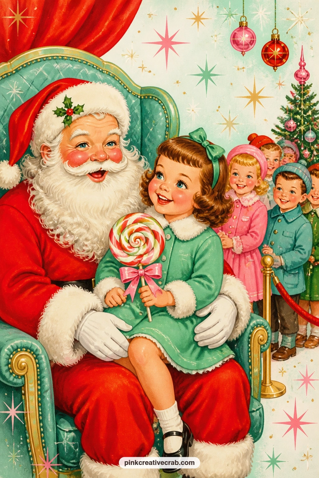 Girl On Santa's Lap With Lollipop printable page — A simple prompt suits this one well: what did you ask Santa for the year you remember best, written beside a