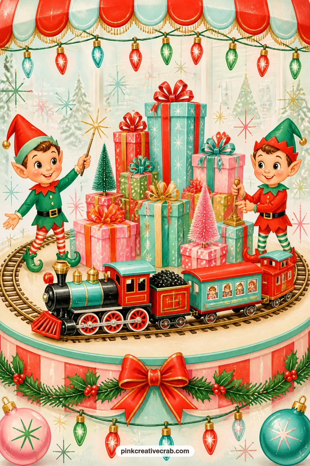 Department Store Window Toy Train Display printable page — This window display page works best framed as if seen through glass: leave a thin painted border and