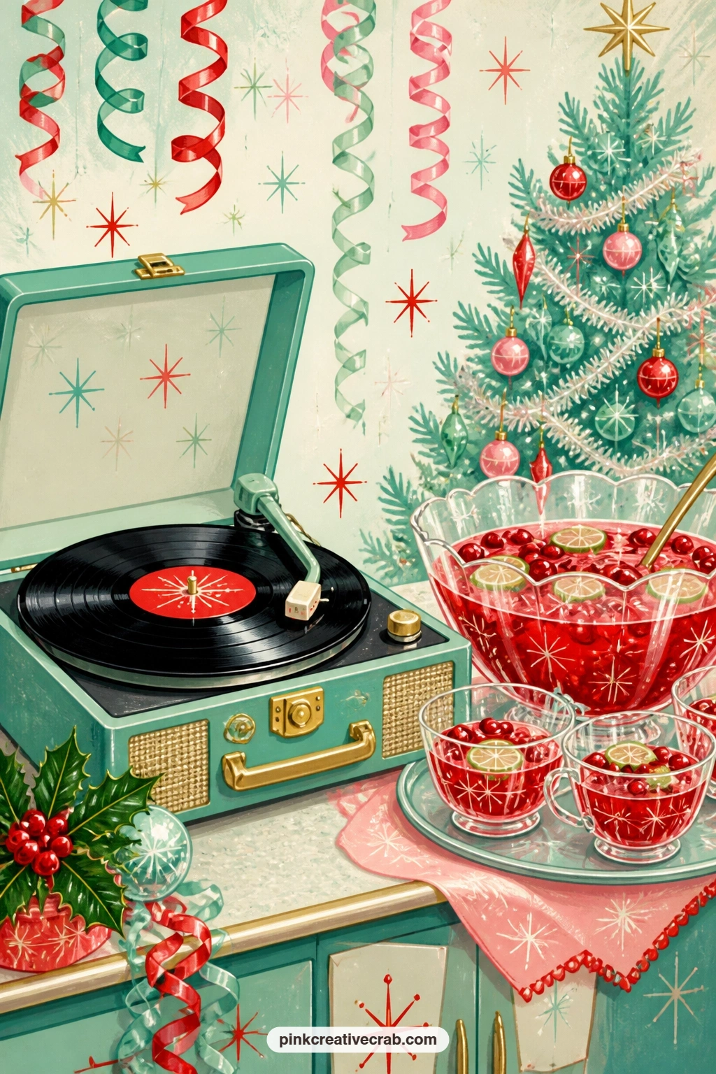 Record Player Beside Punch Bowl printable page — A record spins a Christmas album on the turntable while a punch bowl sits ready nearby, the start of an
