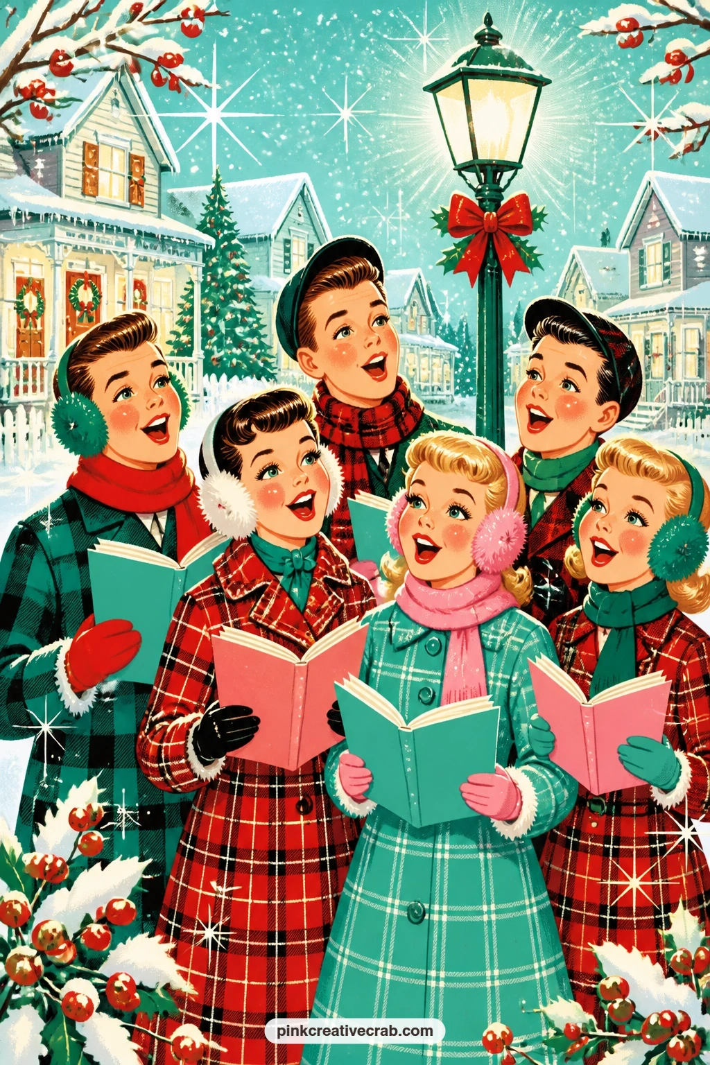 Neighborhood Carolers In Plaid Coats printable page — Carolers in plaid coats and earmuffs stand together under a streetlamp, songbooks open, breath visible in