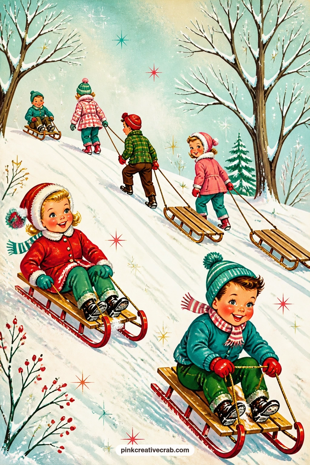 Sledding Hill With Wooden Runner Sleds printable page — Children race wooden runner sleds down a snowy hill while others climb back up with rope in hand, the