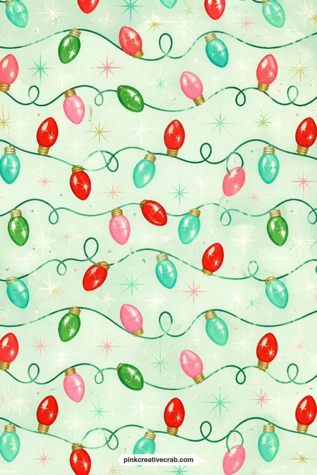 Big Colored Bulb String Pattern On Mint printable page — Looping strings of big colored bulbs repeat edge to edge across a pale mint ground, perfect under a