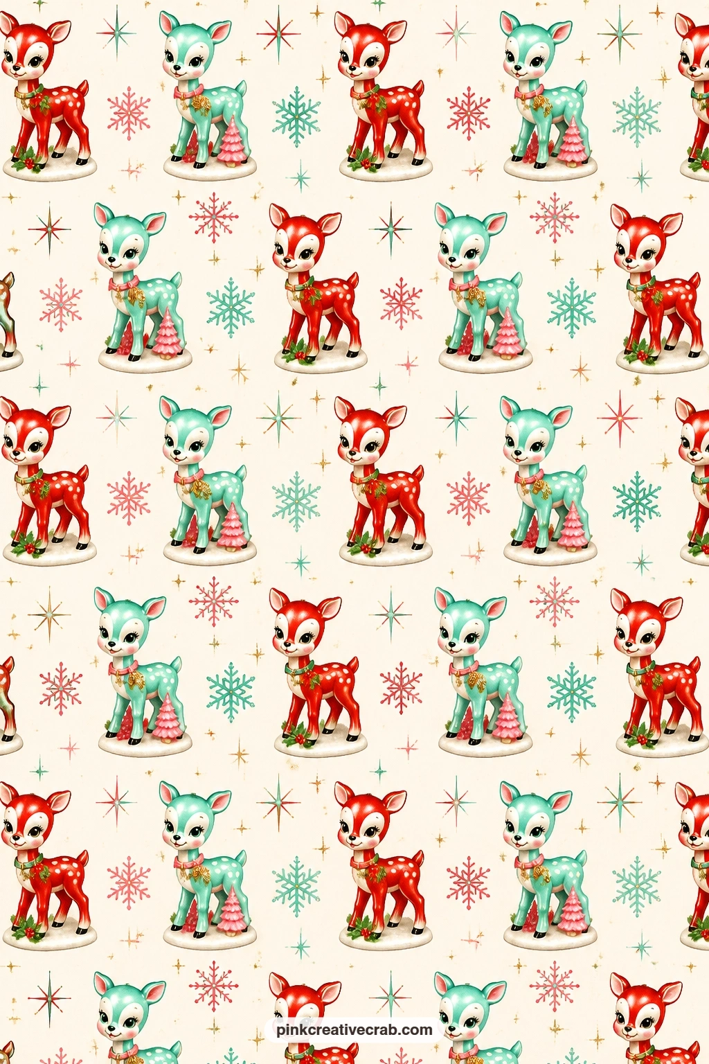 Ceramic Deer And Snowflake Toile Paper printable page — Small ceramic deer alternate with snowflakes across a white ground in a soft toile repeat, light enough