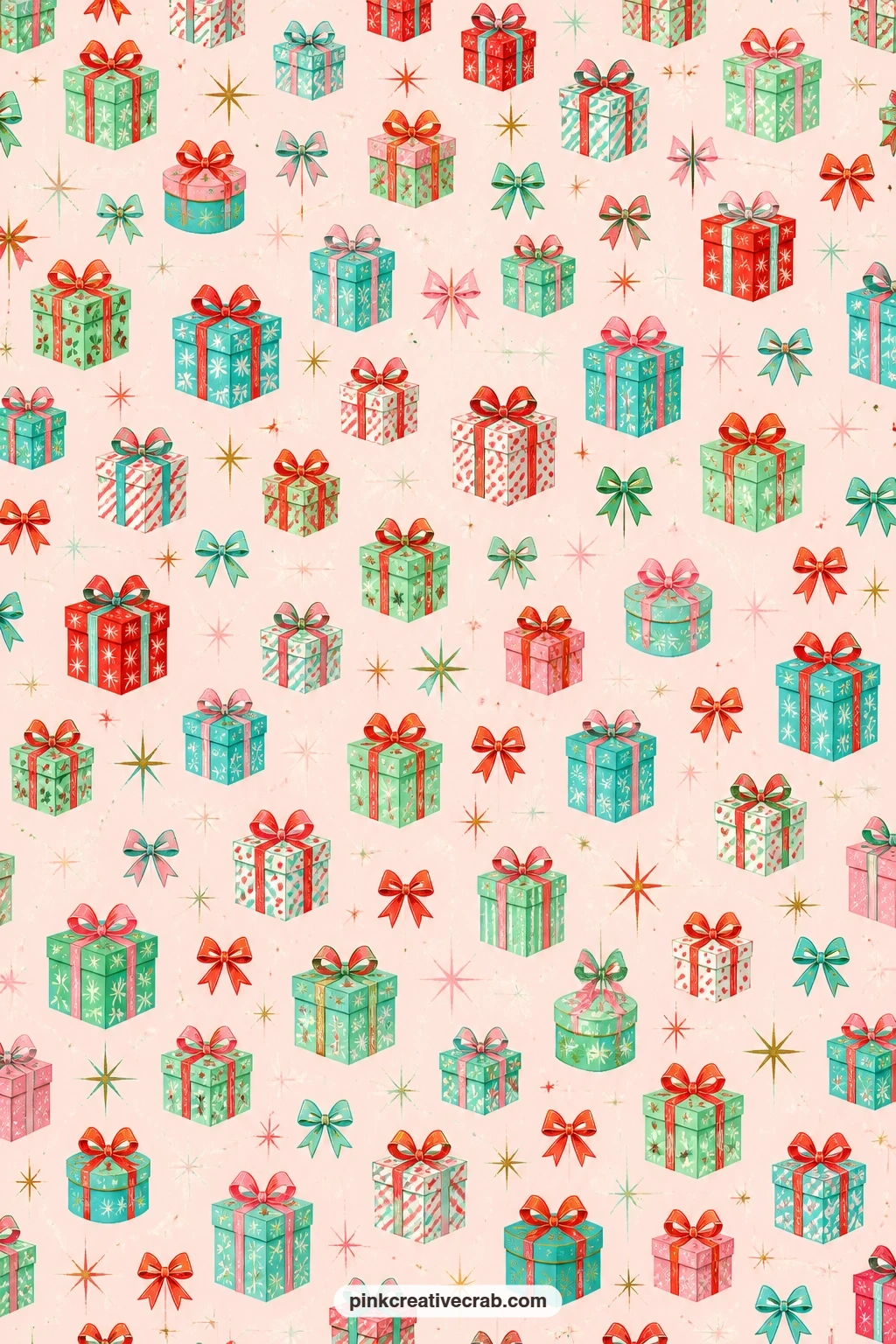 Tiny Wrapped Gift And Bow Pattern printable page — Little wrapped gifts and bows scatter across pale pink paper, useful under a photo of Christmas morning, as