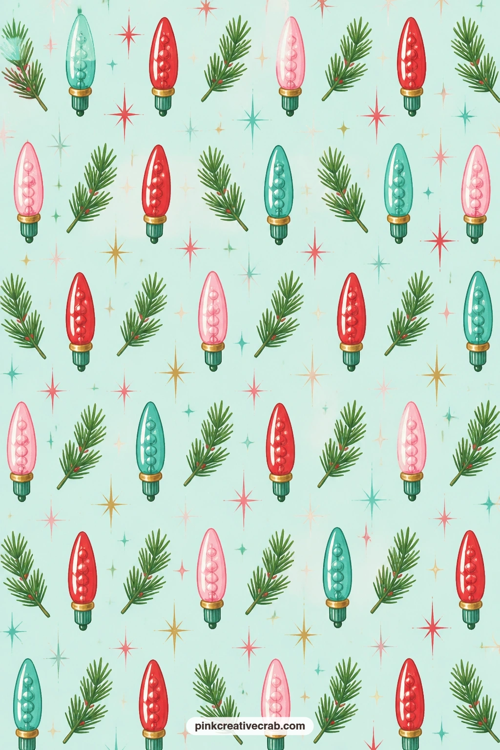 Bubble Light And Pine Sprig Pattern printable page — Bubble light bulbs alternate with small pine sprigs across pale aqua paper, a good match for the dad