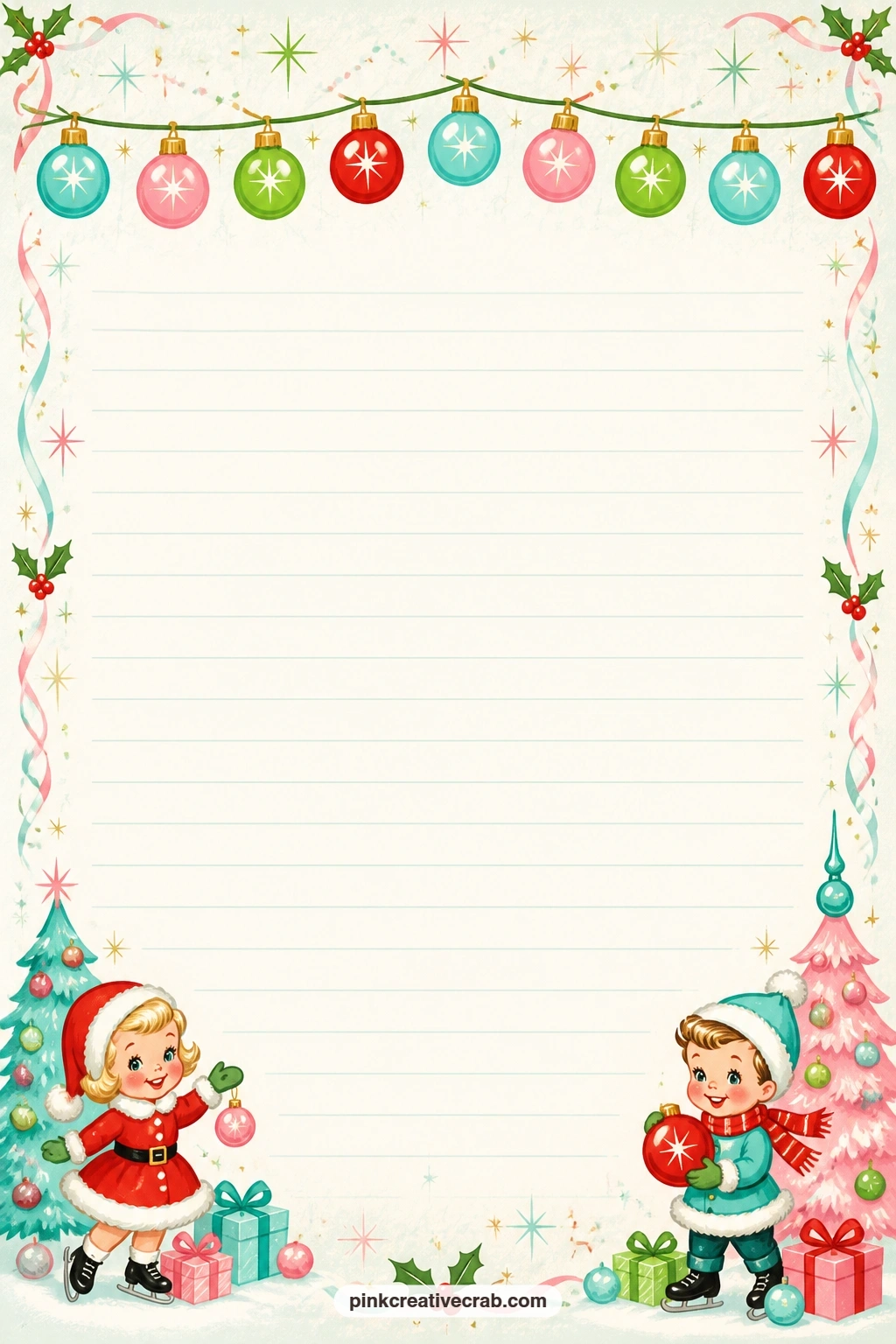 Colored Bulb String Top Band Lined Page printable page — A band of colored bulb lights strings across the top of this page, leaving faint ruled lines below for