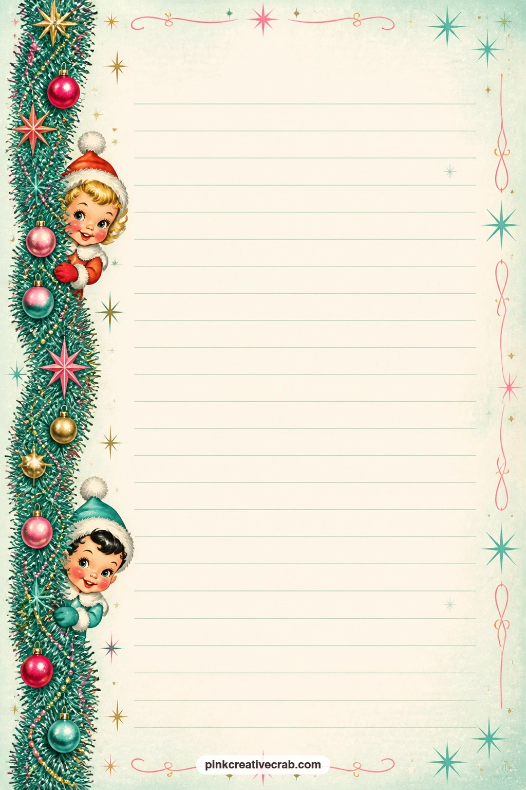 Tinsel Garland Side Border Lined Page printable page — A tinsel garland drapes down one side of the page like a loose ribbon, leaving the ruled lines free for