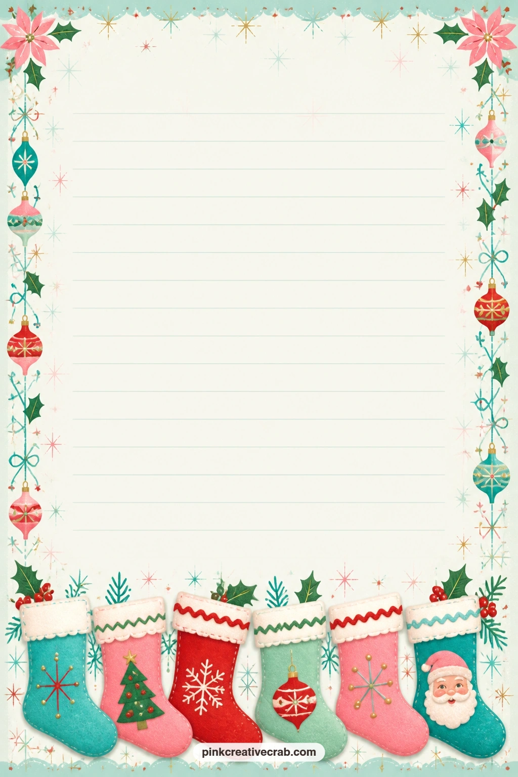 Felt Stocking Row Footer Lined Page printable page — A row of felt stockings lines the bottom edge like a mantel shelf, with faint ruled lines above ready for